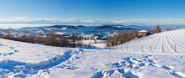 Snow covered landscape against sky