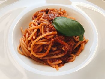 Close-up of pasta in plate on table