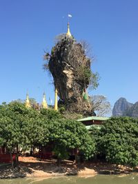 Plants growing in front of temple against clear sky