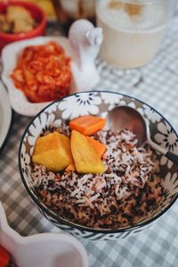 High angle view of breakfast served on table