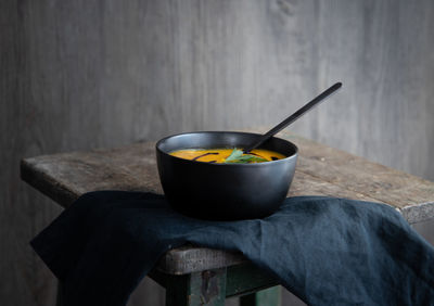 Close-up of soup in bowl on table