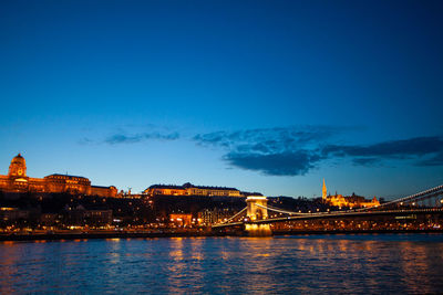 Illuminated buildings by river against blue sky at dusk