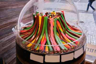 High angle view of multi colored decoration on table