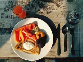 High angle view of breakfast served on table