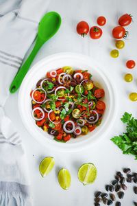 High angle view of fruits in bowl on table