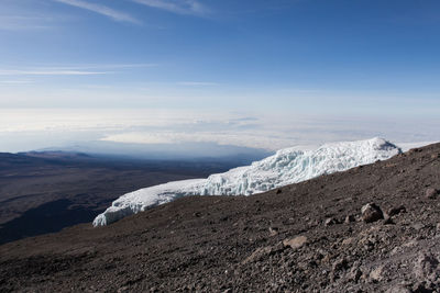 Scenic view of snow covered mountains against sky