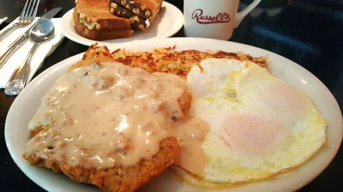 High angle view of breakfast on table