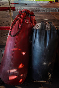 Close-up of boxing punching bags