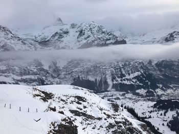 Scenic view of snow covered mountains against sky