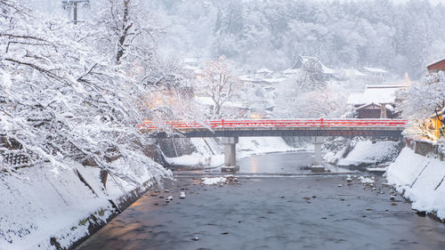 Snow covered bridge by trees during winter