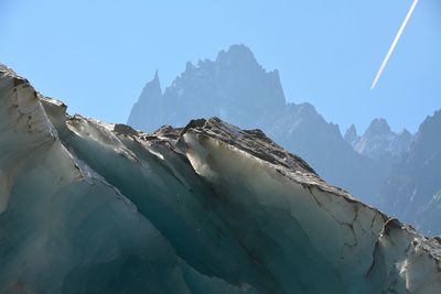 Scenic view of snow covered mountains against clear sky