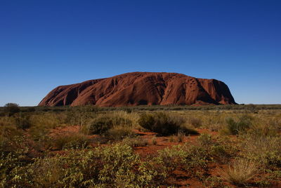 Rock formations on landscape against clear blue sky