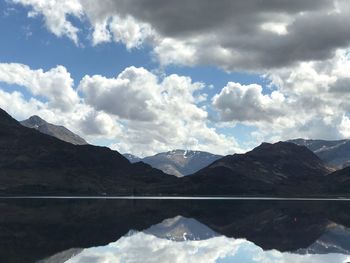 Reflection of mountains in calm lake against cloudy sky