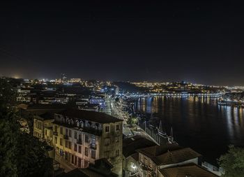 High angle view of illuminated buildings against sky at night