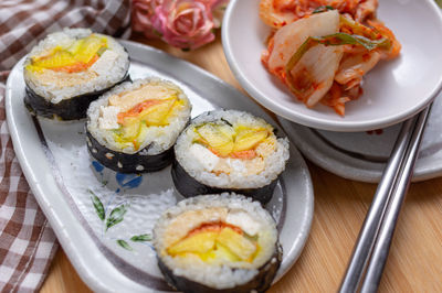 High angle view of sushi in plate on table