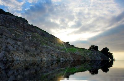 Scenic view of lake and mountains against sky