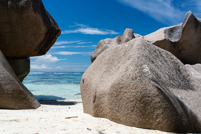 Rocks on beach against sky