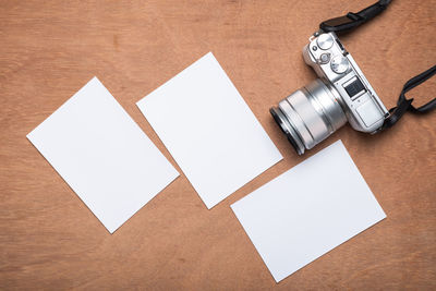 High angle view of camera on table