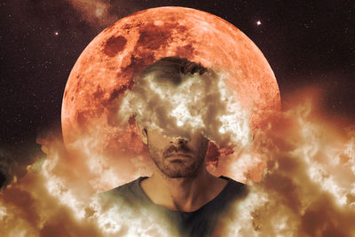 Digital composite image of man against sky