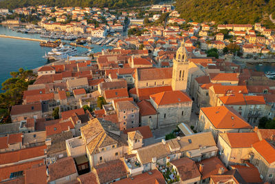 High angle view of buildings in city