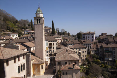 High angle view of townscape against clear sky