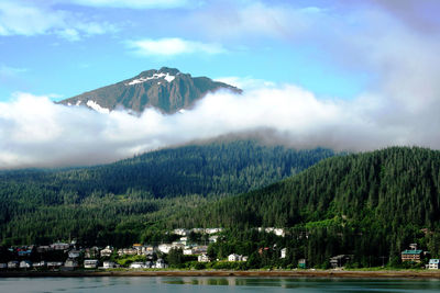 Scenic view of lake by trees against sky