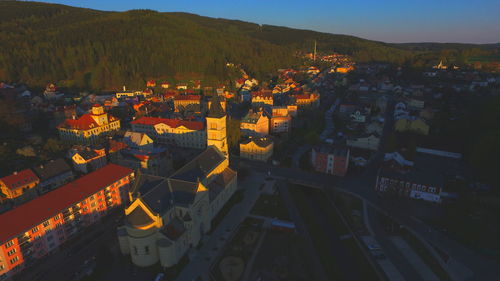 High angle view of town against sky at night