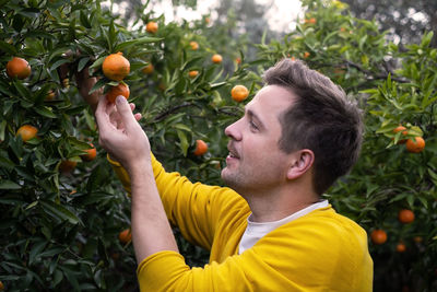 Side view of man holding oranges