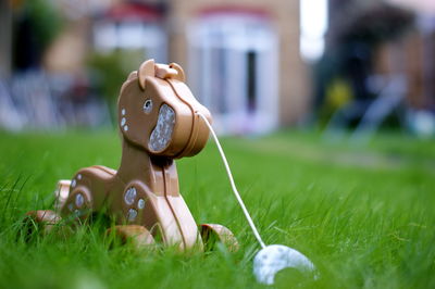 Close-up of stuffed toy on field