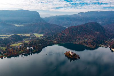 Scenic view of lake by mountains against sky