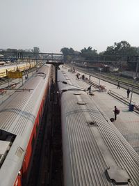 High angle view of railroad tracks against clear sky