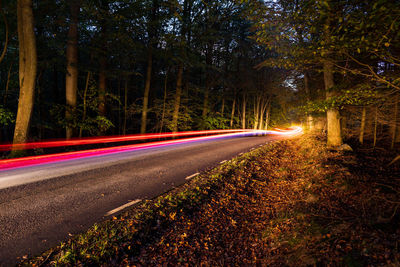 Night through the forest car driving by leaving light trails