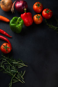 High angle view of fruits and vegetables on table