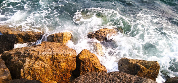High angle view of rocks on beach