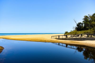 Scenic view of sea against clear blue sky