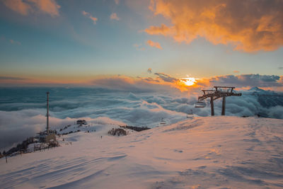 Scenic view of snow covered landscape during sunset