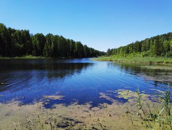 Scenic view of calm lake against clear sky