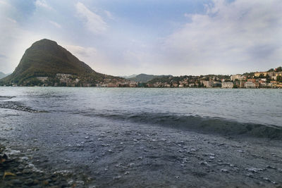 Scenic view of sea against sky in city