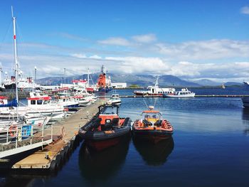 Boats moored at harbor against sky