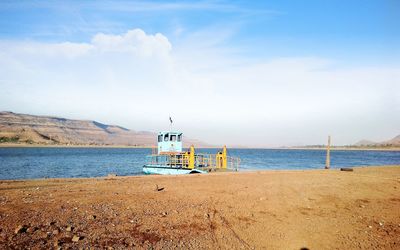 Scenic view of beach against sky lake side boat river sand 