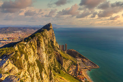 Rock of gibraltar at sunset seen from above