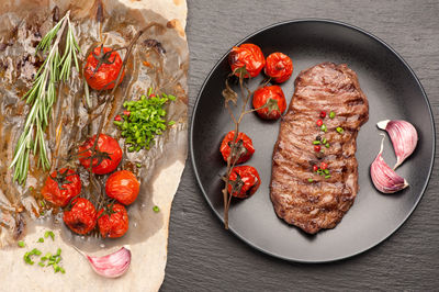 High angle view of food in plate on table