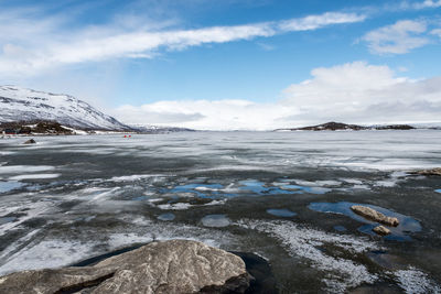 Scenic view of frozen lake against sky