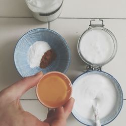 High angle view of breakfast on table