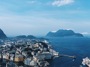 Aerial view of the city of Ålesund in norway on a sunny day, harbor and horizon