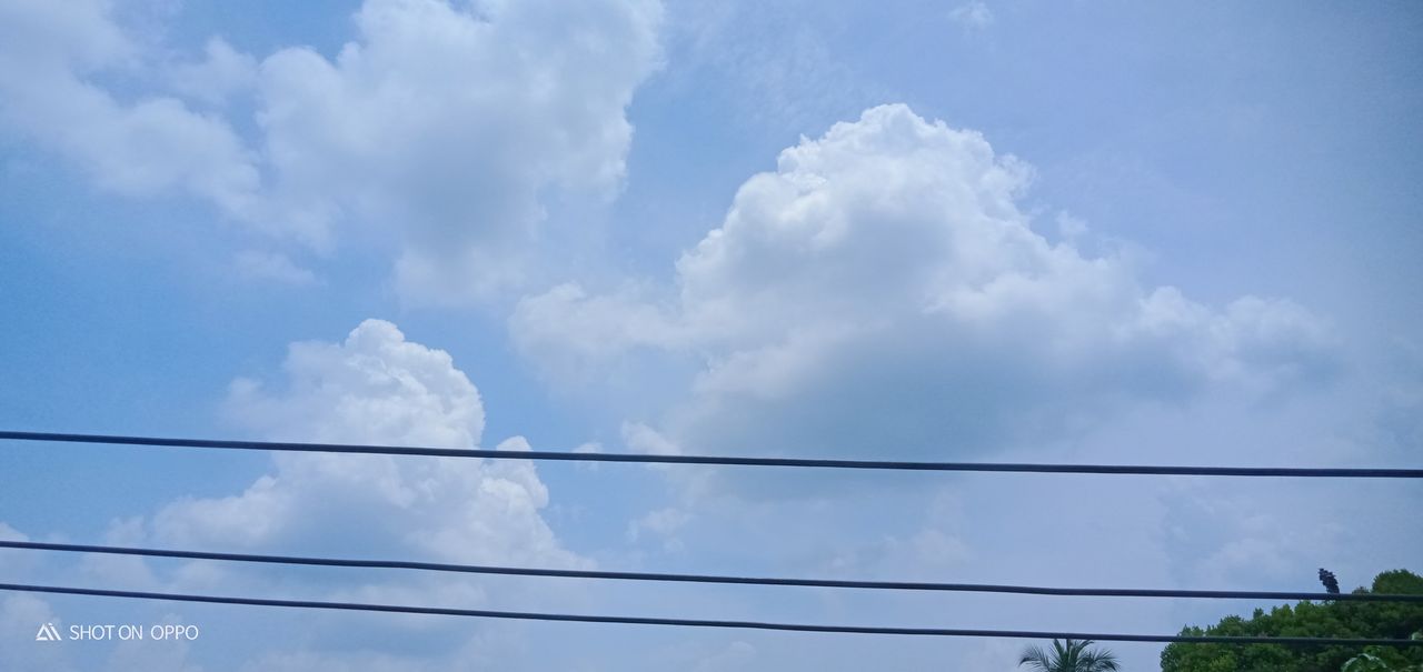 sky, cloud, cable, electricity, blue, nature, power line, low angle view, power supply, no people, technology, day, outdoors, telephone line, line, power generation, beauty in nature, daytime