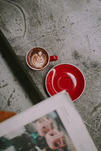 High angle view of coffee on table