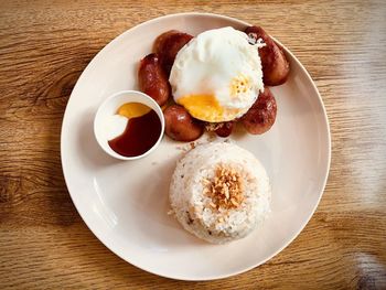 High angle view of breakfast served on table