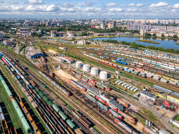 Drone view of colorful railway terminal. logistic patterns.