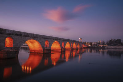 Bridge over river against sky at sunset